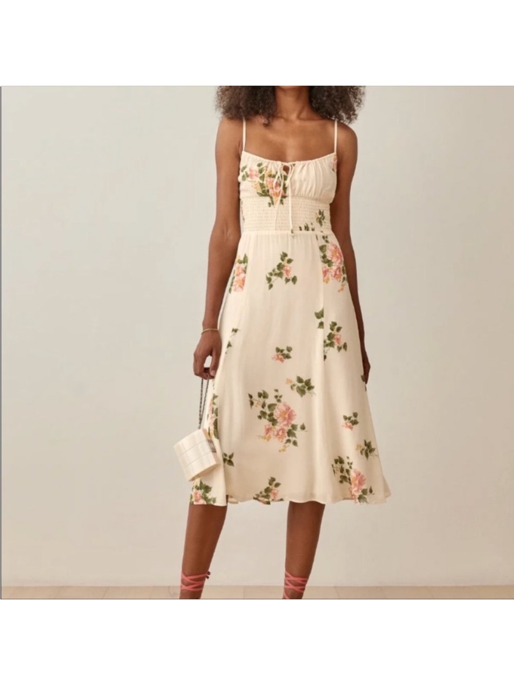 Reformation Bran Cream Floral Midi Sundress with Smocked Bodice